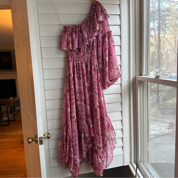 MISA Los Angeles Pink Floral Vola One Shoulder Ruffle Midi Dress - Size S - Picture 3 of 8